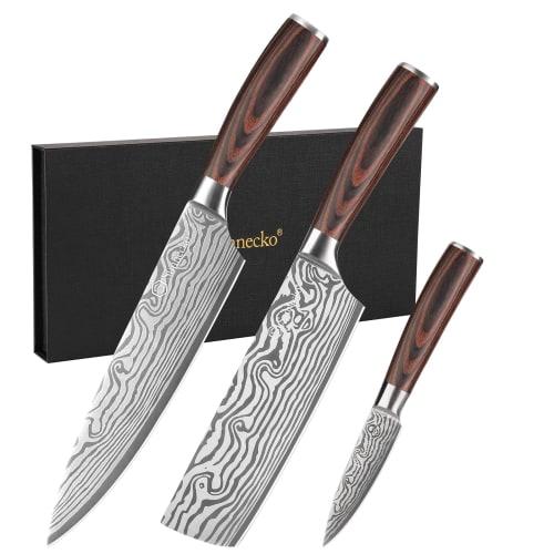 Sunnecko 3-Piece Kitchen Knife Set: Chef's Knife, Vegetable Knife, and Paring Knife. Made with High-Carbon Stainless Steel and Damascus Pattern with W