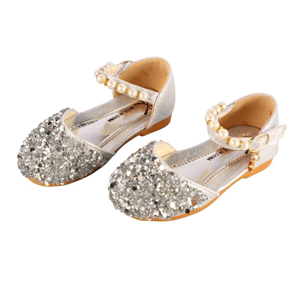 Kid Girl Sequins Faux Pearl Dress Shoes Children Fashionable PU Leather Glitter Flat Shoes for