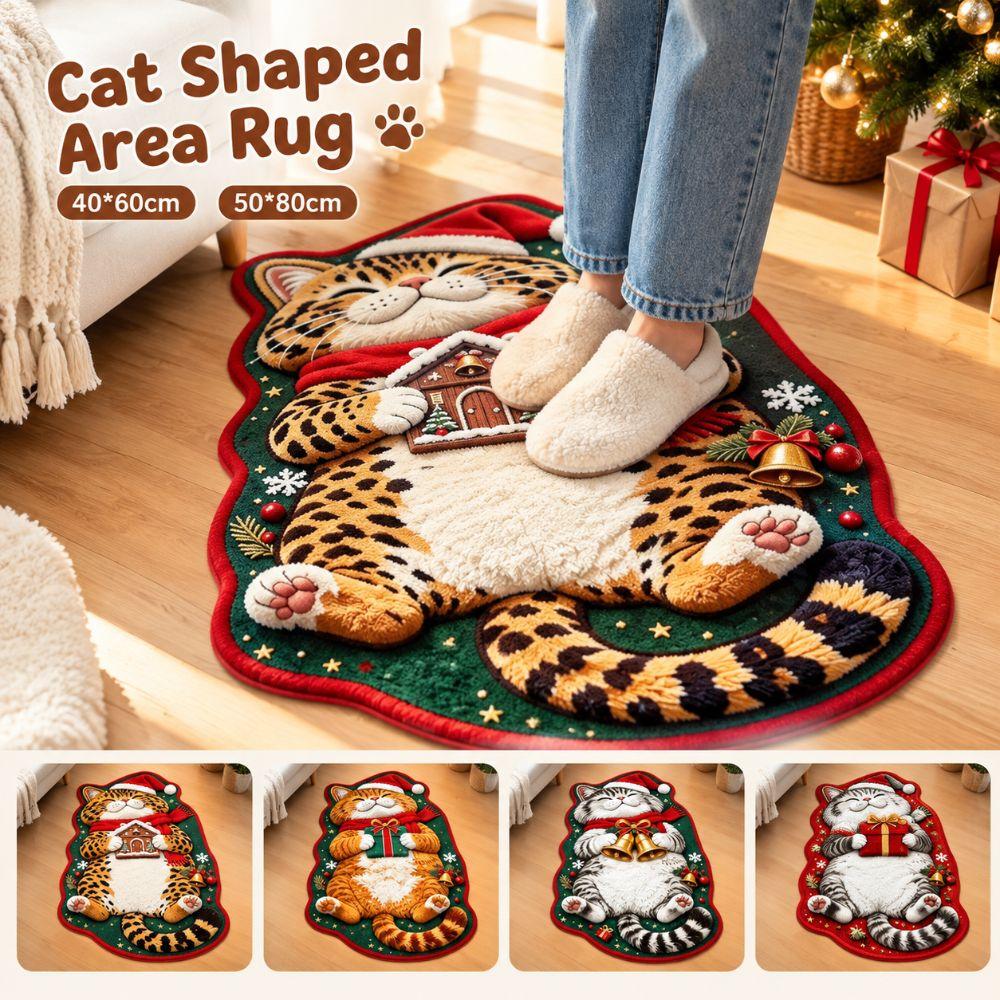 Christmas Theme Pattern Sleeping Cat Floor Mat Plush Cartoon Doormat Carpet for Living Room