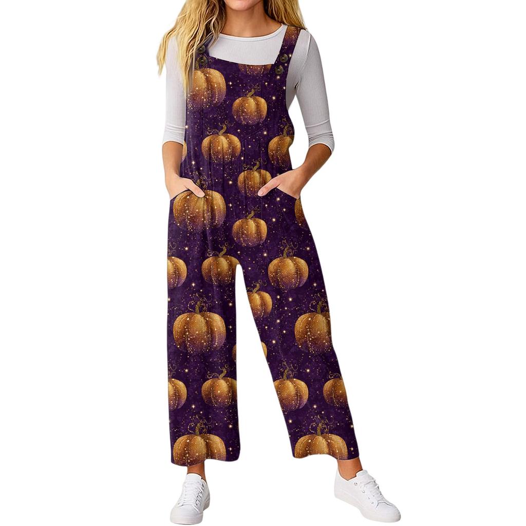 Women’s Loose Casual Sleeveless Jumpsuit Halloween Printed Jumpsuit Printed Jumpsuit