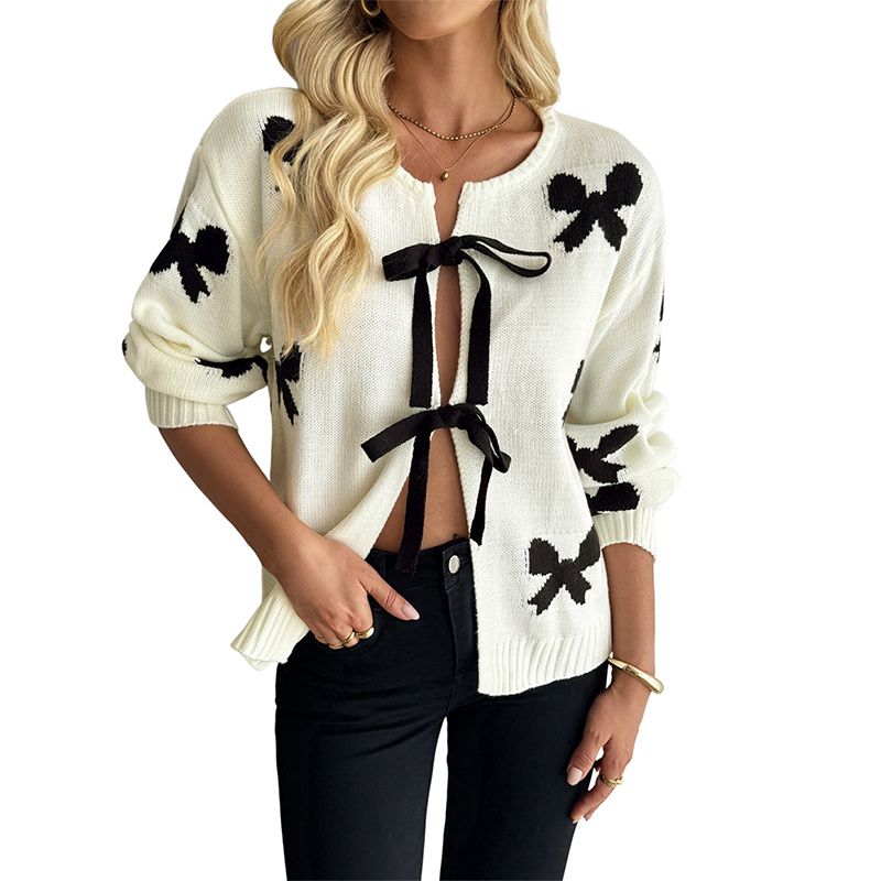 Autumn Women Sweater Ladies Tops Lace-up Bow Pattern Women's Sweater Cardigan Top