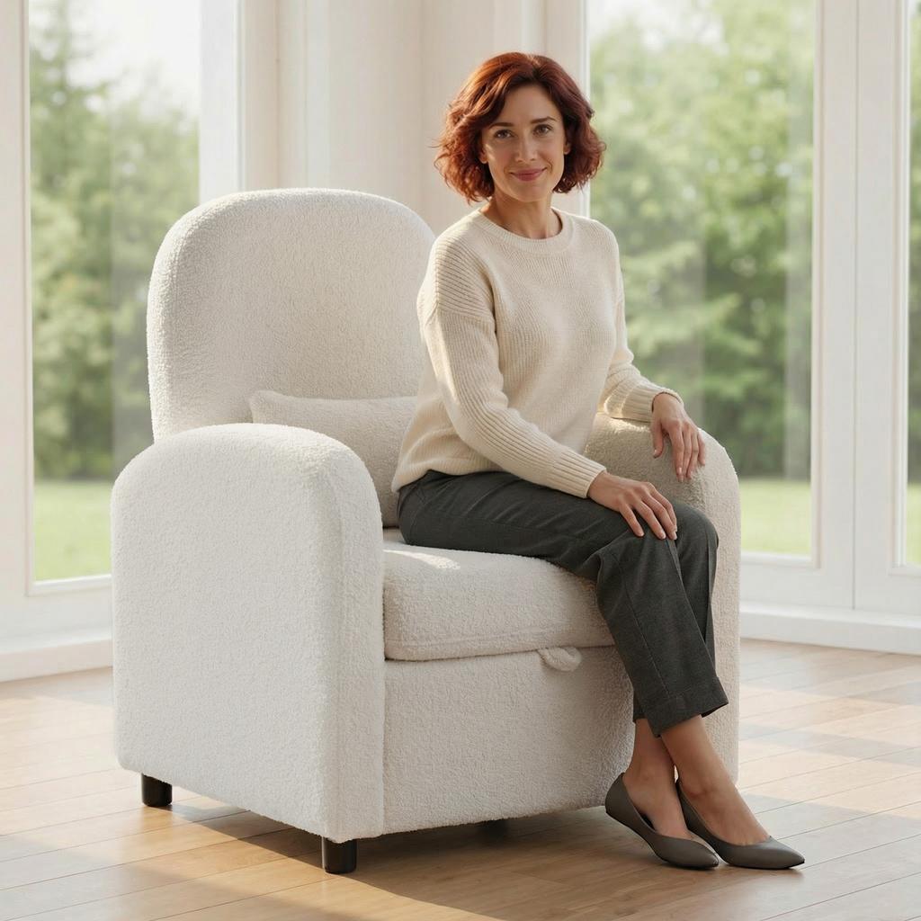 Modern Armchair With Hidden Storage Space And Cushion Teddy Fleece Upholstery 76x77x95 Cm Cream