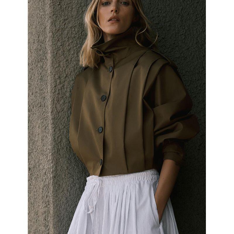 Summer New Women clothes Maillard Pleated Decorative Single-Breasted Blended Long sleeve Turtleneck Outerwear 3194545