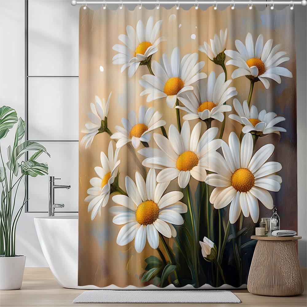"1pc Daisy Print Shower Curtain - Polyester, Waterproof, 12 Hooks, Light Brown & White Daisies with Yellow Centers