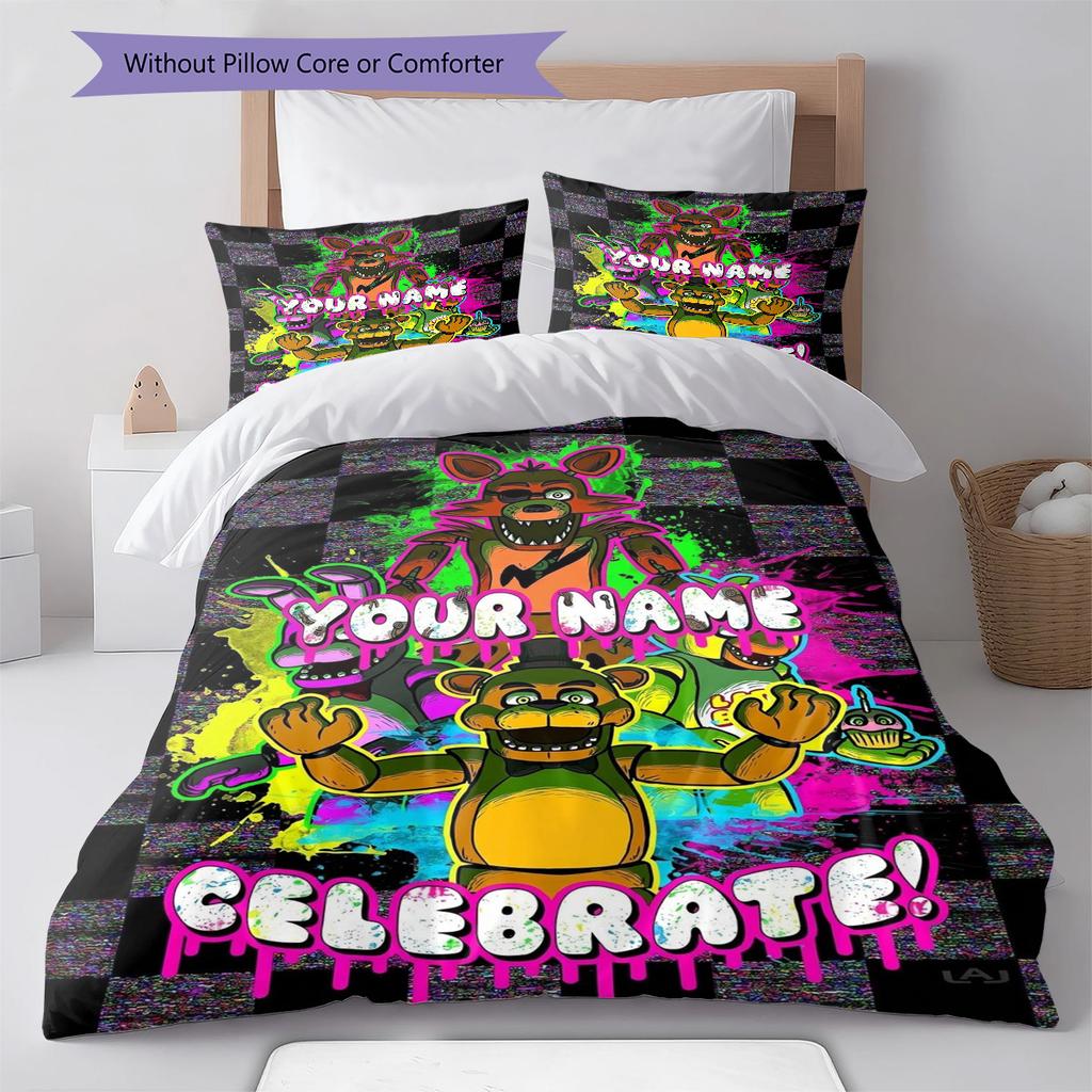 Fnaf Celebration Custom Name Pattern Bedding Quilt Set Quilt Cover Pillowcase Home Birthday Gift(1 * Duvet Cover + 2 * Pillowcase, Without Core)