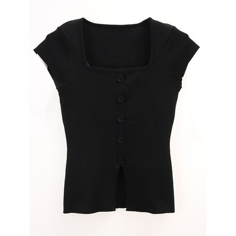 Ice Silk U-Collar Small Flying Sleeve Top Women Summer Western Style Waist Hugging Slimming Design Sense Front Slit Knit T-shirt
