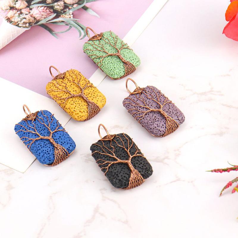 Hand-Wound Rectangular Volcanic Stone Tree Of Life Pendant Necklace, Couple Necklace N525