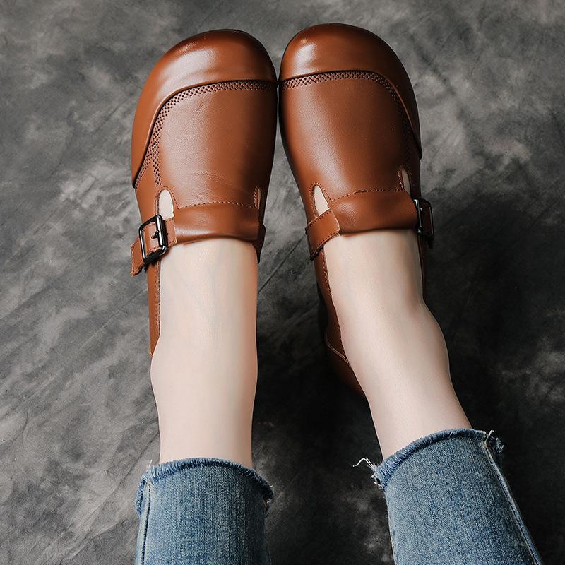 Spring and Autumn Women's Leather Shoes Single Shoes Retro Medium Heel Soft Sole Leather Shoes Versatile Leather Casual Mom Shoes