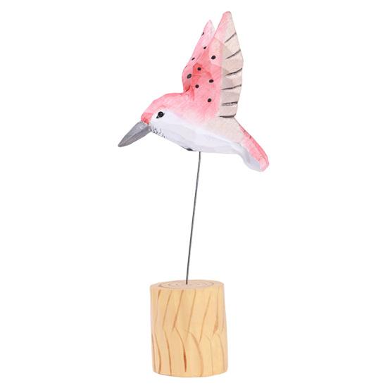 Wood Carving Hummingbird Ornament with Tree Stump/Bell Handcrafted Bird Figurine Statue Sculpture
