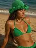 1pc Solid Color Hand-Knitted Crochet Cap, Bohemian Style Pleated Floppy Hat With Ruched Brim
