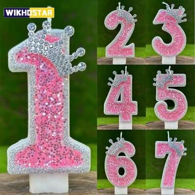 New Handicraft Creative 0-9 Pink Number Crown Birthday Candle With Drip-Prevention Tray Party Anniversary Cake Decoration