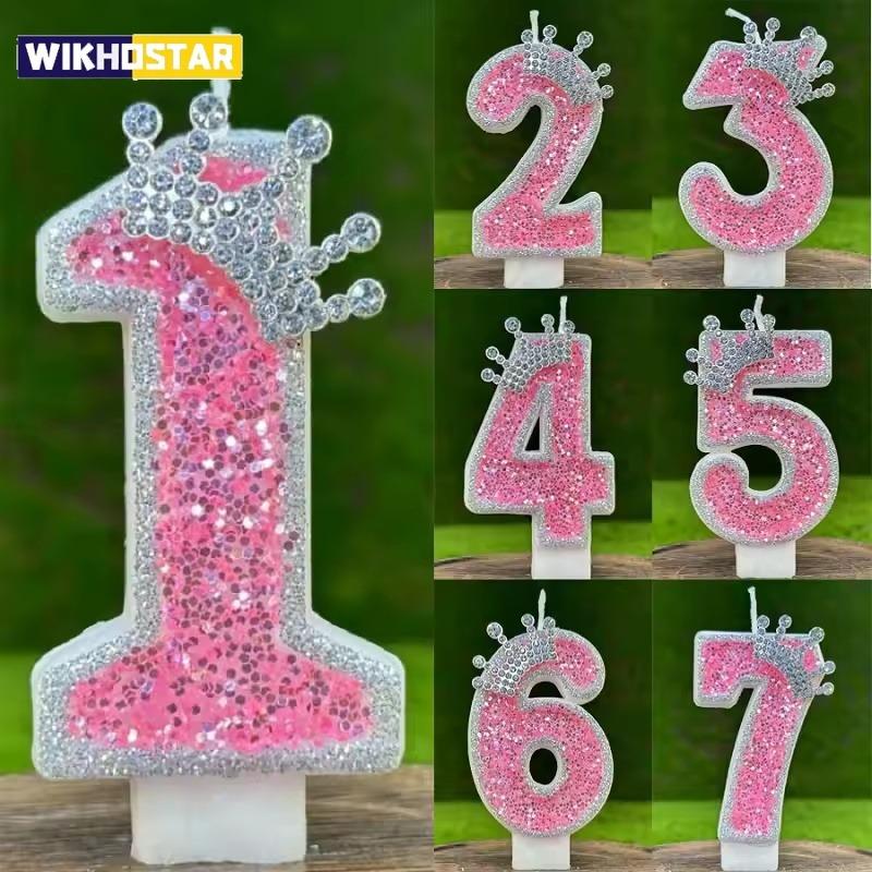 New Handicraft Creative 0-9 Pink Number Crown Birthday Candle With Drip-Prevention Tray Party Anniversary Cake Decoration