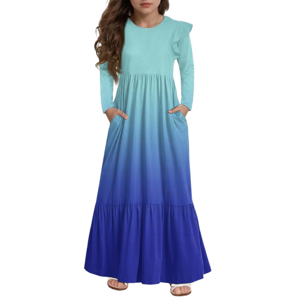 Mädchen Stufenkleid mit Rüschen - Langärmeliges bedrucktes Maxi mit Taschen