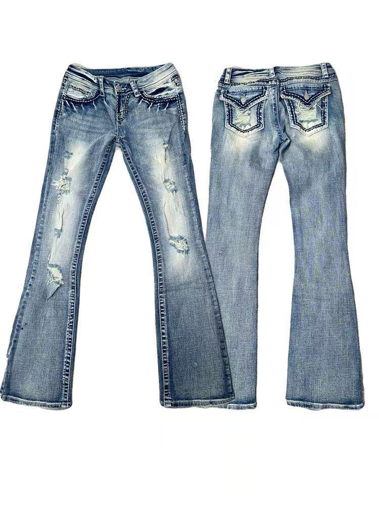 Tall Girl Low Waist Ripped Micro Flare Jeans - Slim Fit Summer Pants