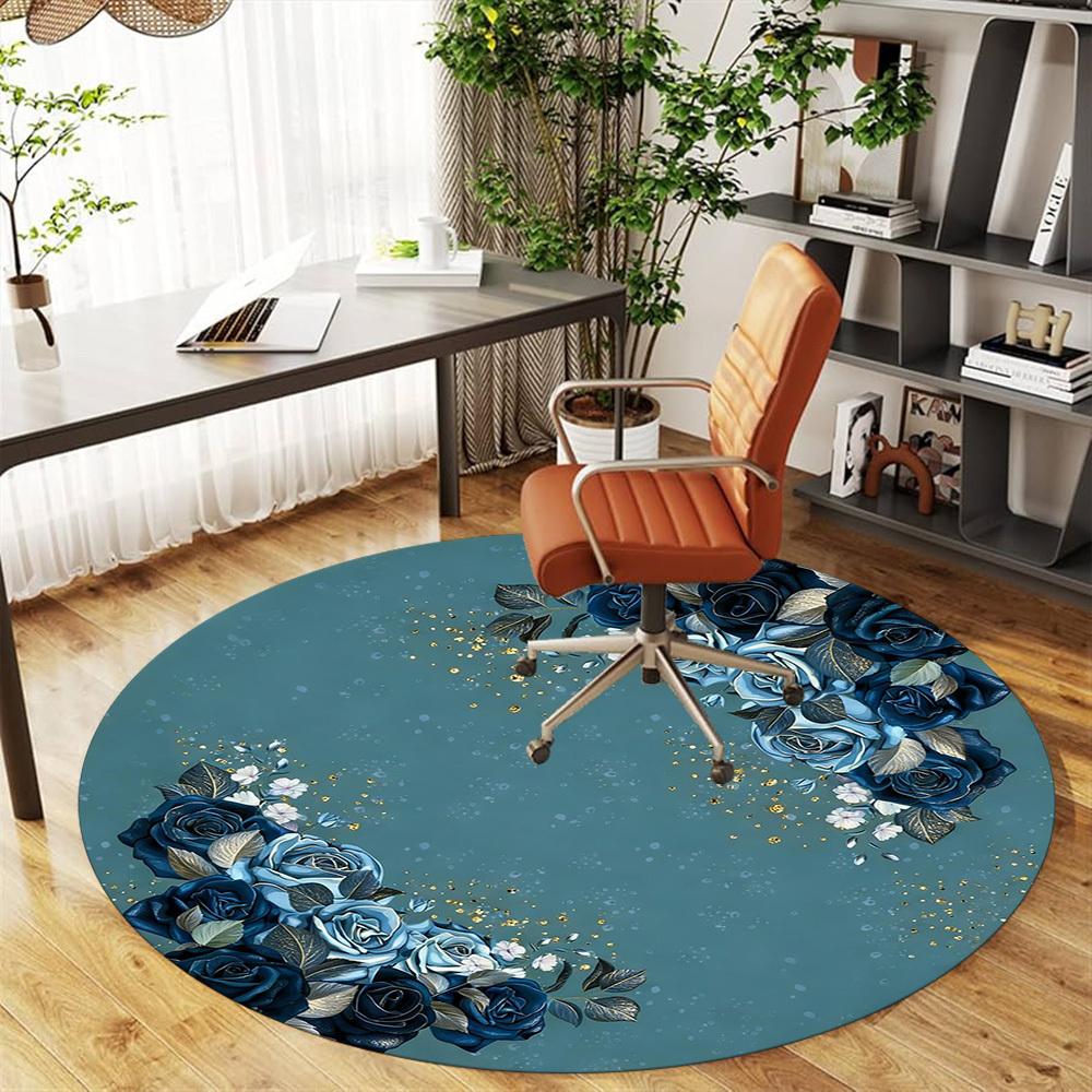 1pc Blue Roses Floral Round Chair mat office Area Rug - Non-Slip, Floor Mat for Office, Bedroom, and Indoor Decor p127247