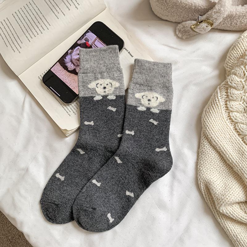 2025 Autumn/Winter Women s Mid-Calf Cartoon Cat Wool Socks - Warm Thickened темно-серого
