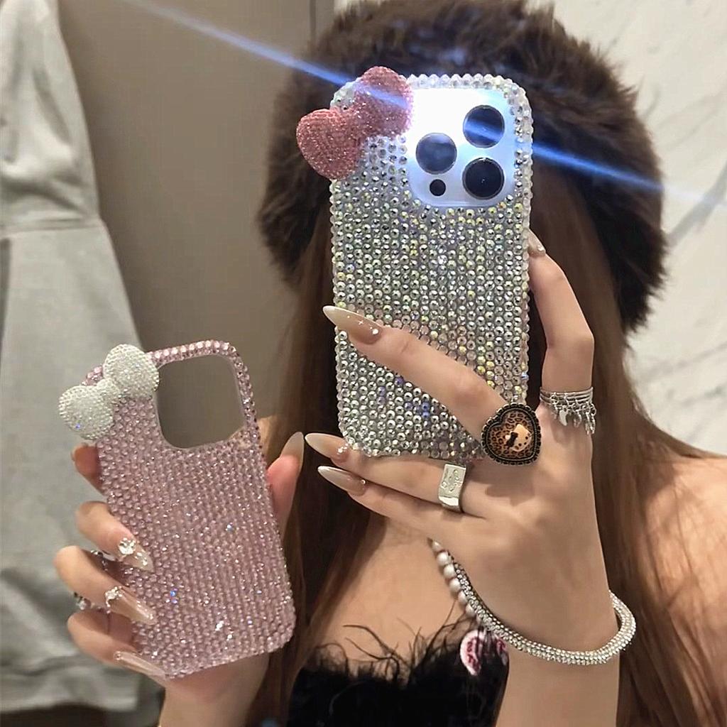 latest bow bling phone case shiny pink and silver bows and is compatible with iPhone 16, 15, 14, 13, 11, 12 Pro Max and 16 Plus
