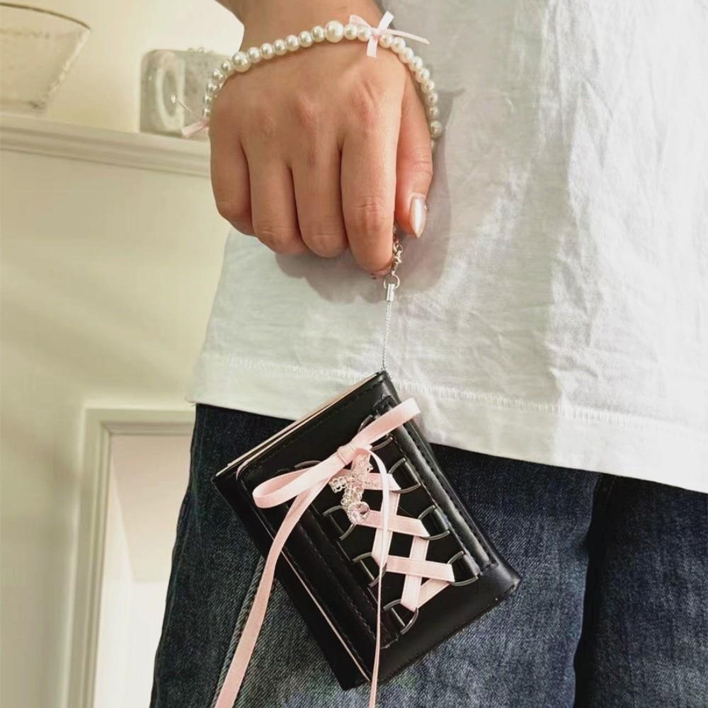 Silk Ribbon Balletcore Three Fold Wallet Korean Style Crossover Strappy Card Bag Girls