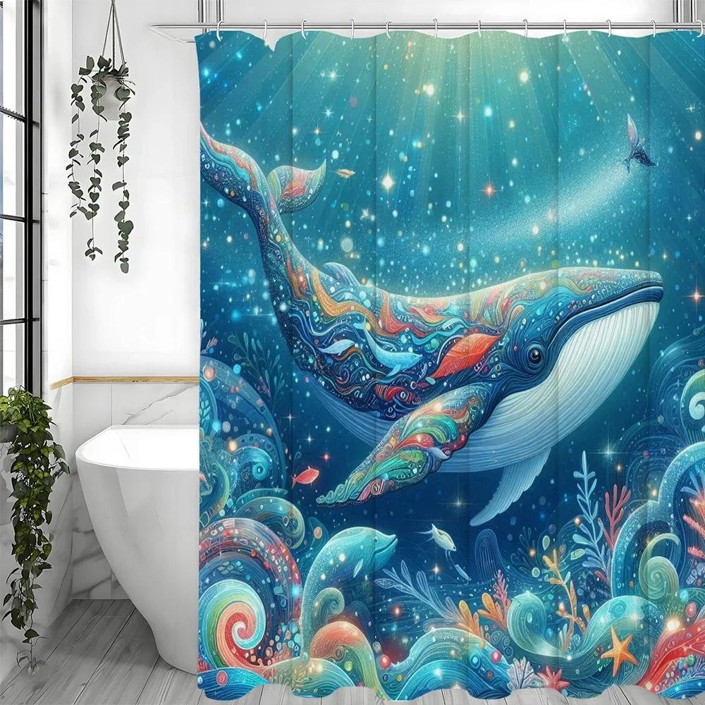 Ocean Whale Shower Curtain, Bathroom Decorative Shower Curtain, Waterproof Shower Curtain with Hooks 180x200cm