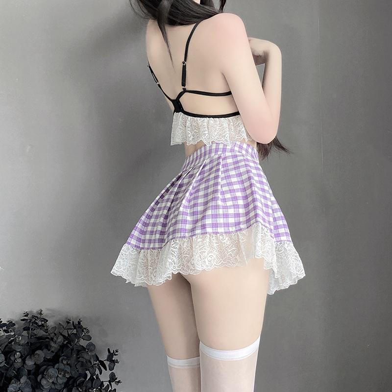Women Schoolgirl Outfit Lace Hollow Out Backless Cosplay Costumes Student Uniform Sweet Sexy Lingerie Underwear Plaid Mini Skirt