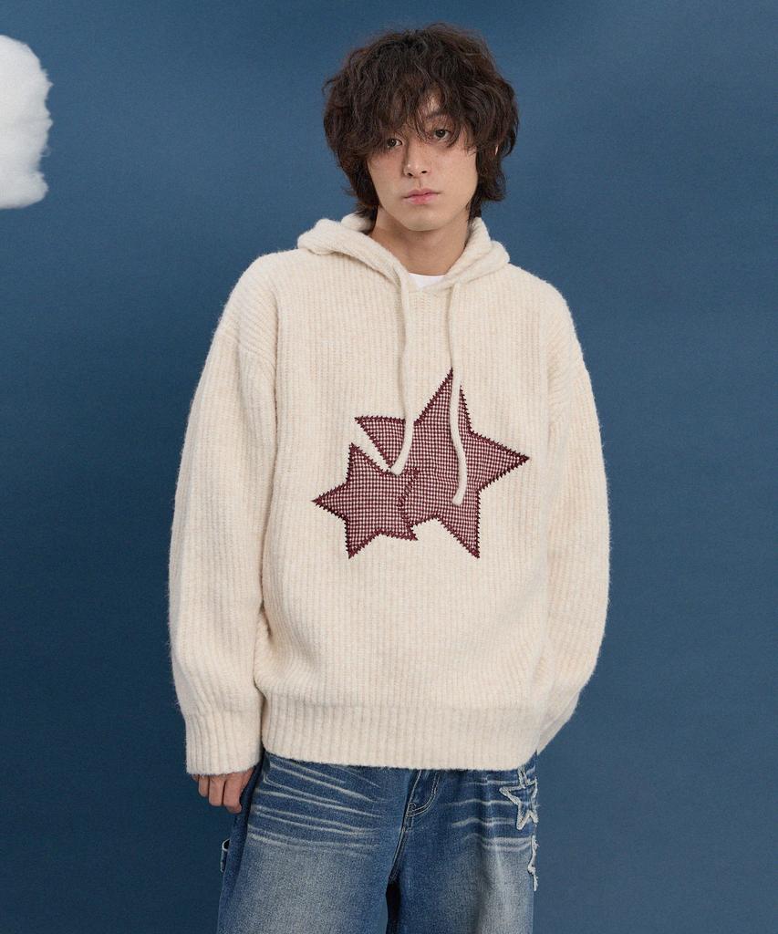 WAIKEI Big Star Check Applique Hoodie Knit Ivory