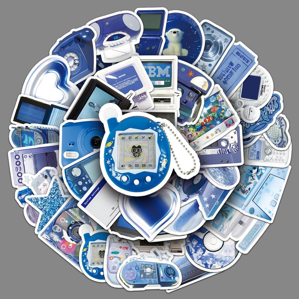 50pcs Blue Y2K Digital Graffiti Stickers: Retro Creative Decals for Phone, Tablet, Laptop
