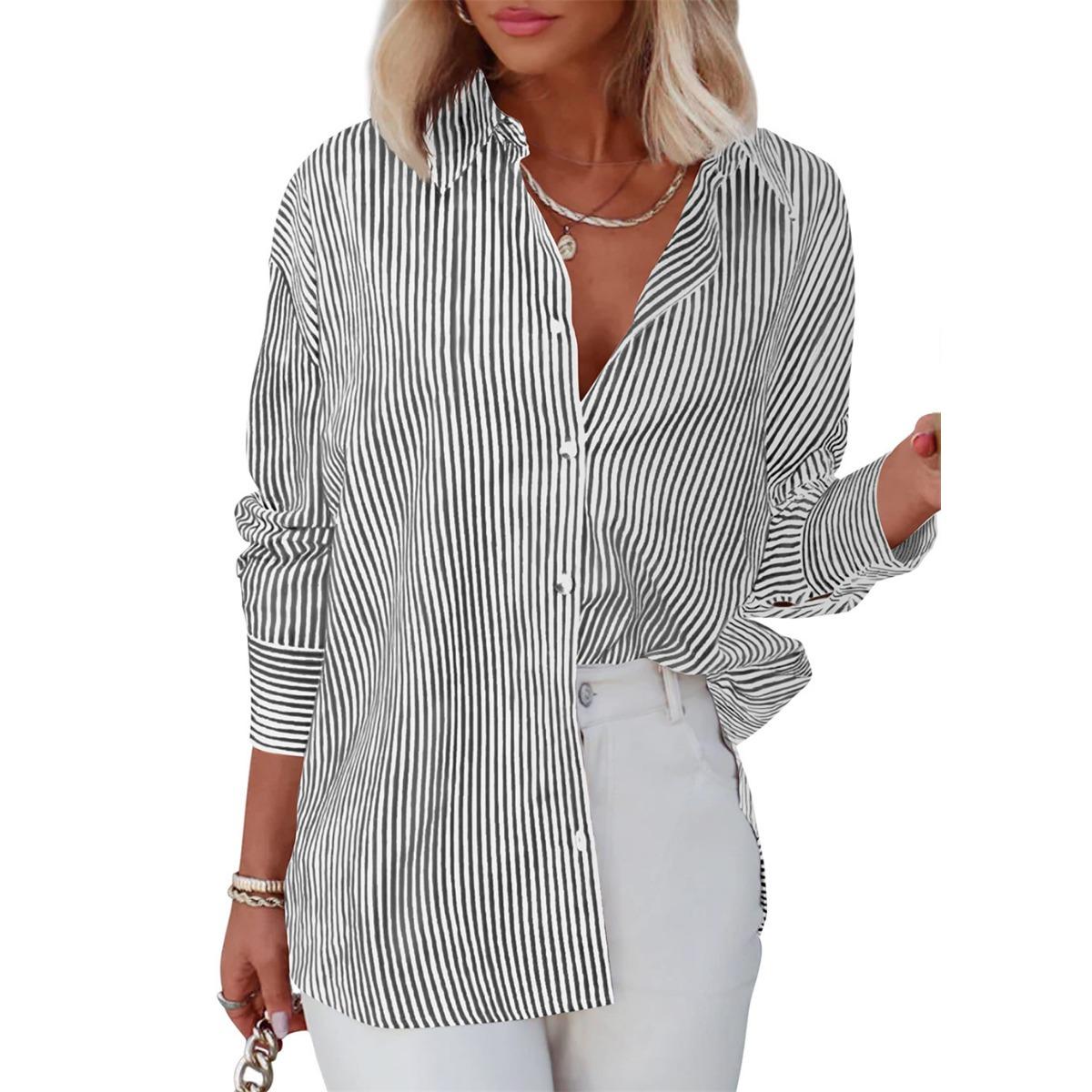 Women s Striped Button Down Shirt, Classic Long Sleeve Collared Blouse, Fashion Casual Work Office Top S чёрный