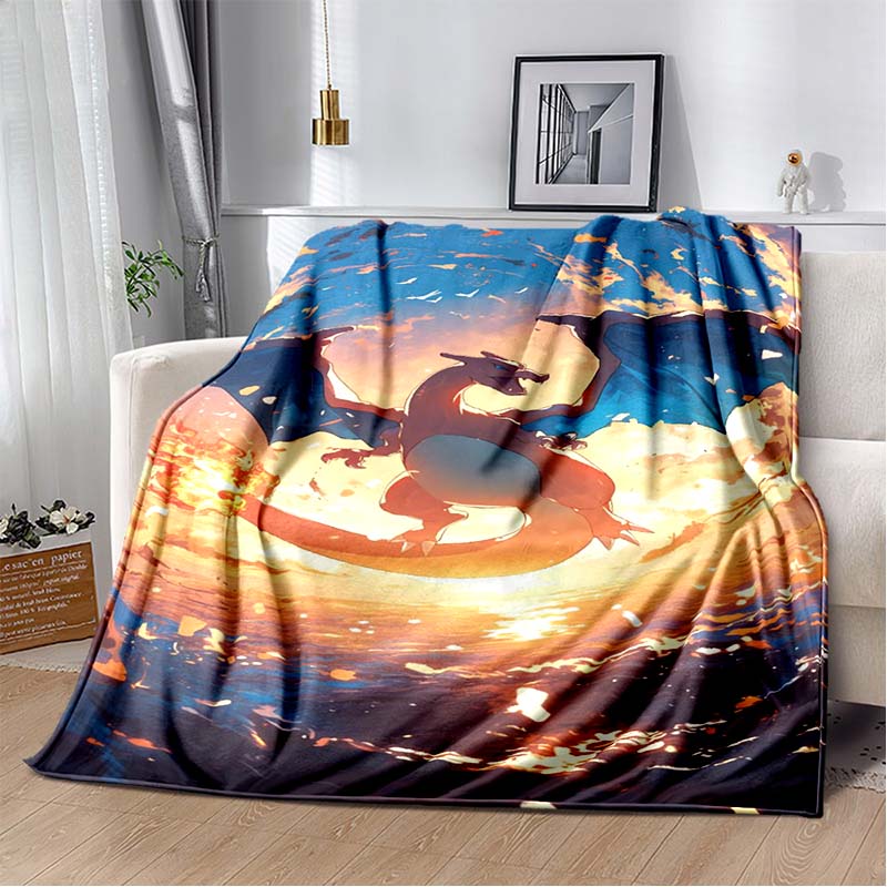 3D-Printed Cute Cartoon Charizard Blanket — Fluffy, Soft, and Warm Throw for Bedroom Decor and Home Comfort