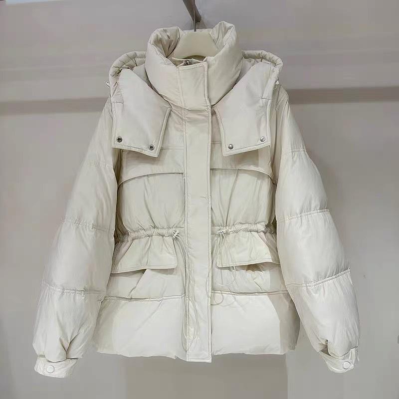 

Жіночий осінньо-зимовий пуховик з коротким однобортним вільним регульованим поясом і капюшоном, пряма трубка, біле пальто на качиному пуху M бежевий