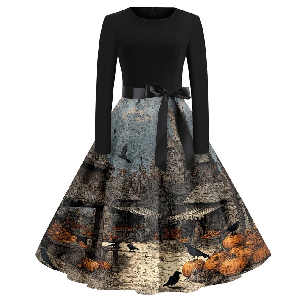 Women's Casual Fashion Round Neck Halloween Printed Vintage Dress