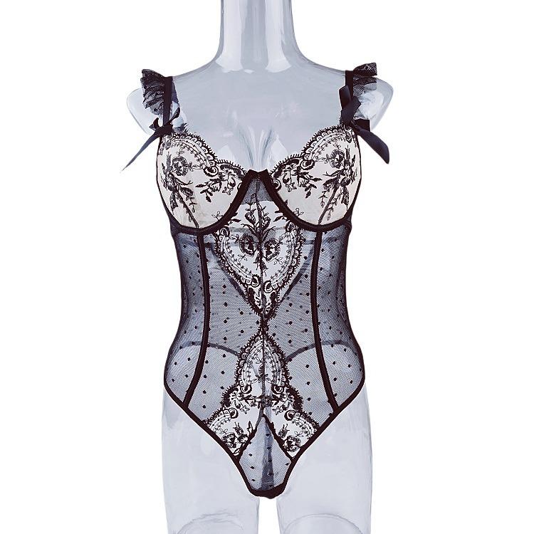 Perspective Underwear Seduction Hot Lace Embroidery Splicing Set Sex Tights Women