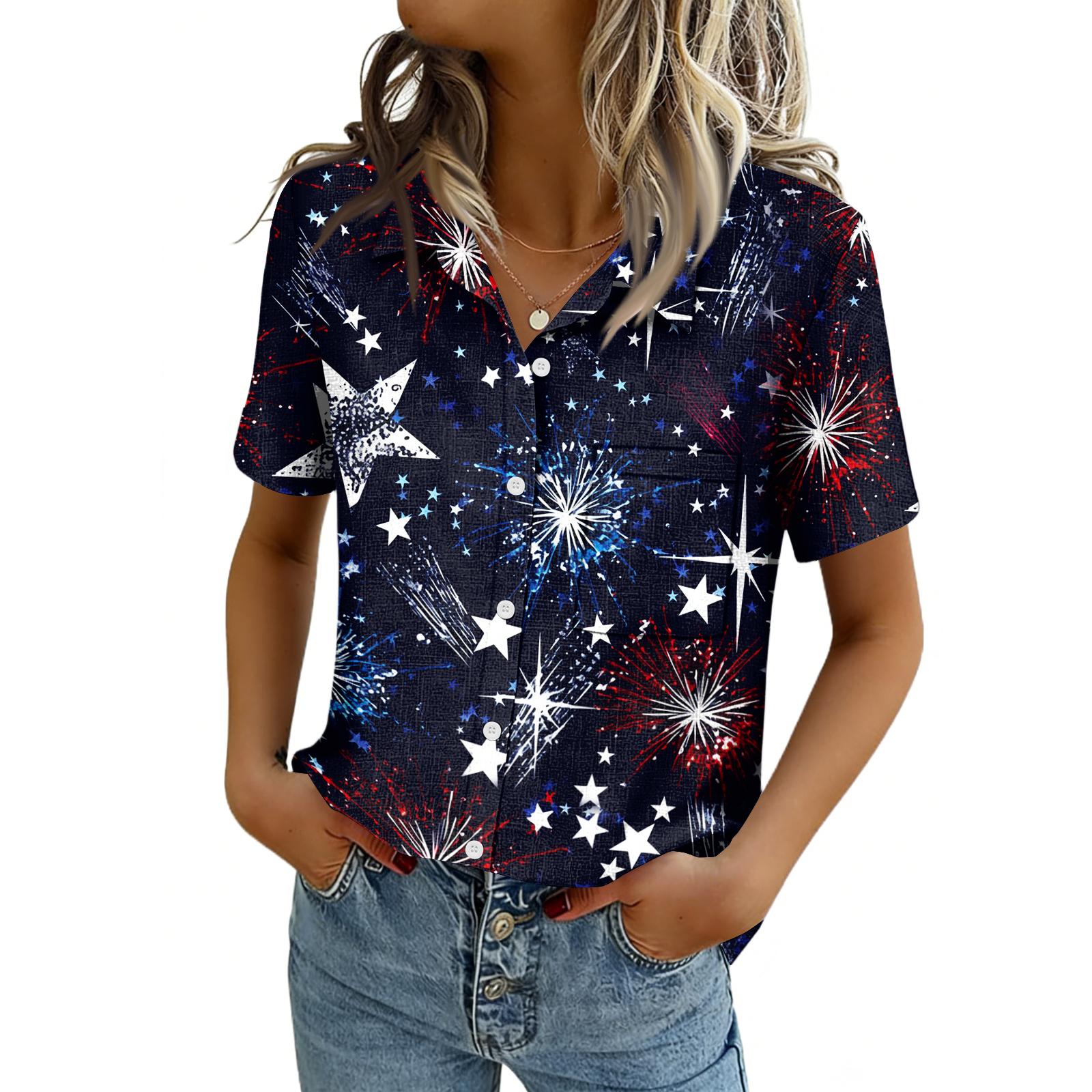 Womens Spring Tops Button Down Short Sleeve Summer Shirts for Women Casual Collared Womens Summer Shirts Star Stripe Print Dressy Tops for Women M