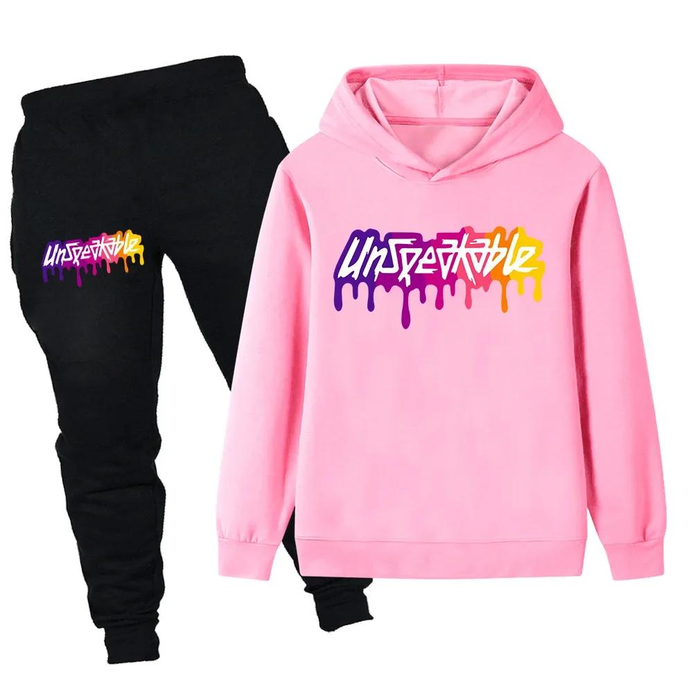 Colorful letter printed autumn warm hooded top+sports pants for girls and boys outdoor casual suit