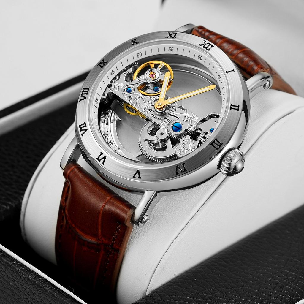 Forsining New Fashion Transparent Skeleton Mechanical Watch Men Leather Waterproof Luminous Hands Steampunk Automatic Watches