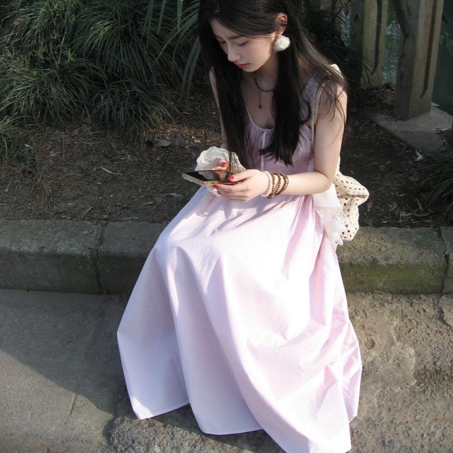 Summer 2026 New Fairy Gentle Wind Purple Pleated Suspender Dress Female Slim Waist A-shaped Skirt Long Dress