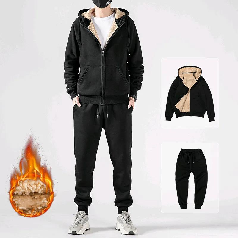 Men's Autumn/Winter Fleece-Lined Thickened Cardigan Hooded Sweatshirt + Pants Sport Suit Outdoor Casual Set
