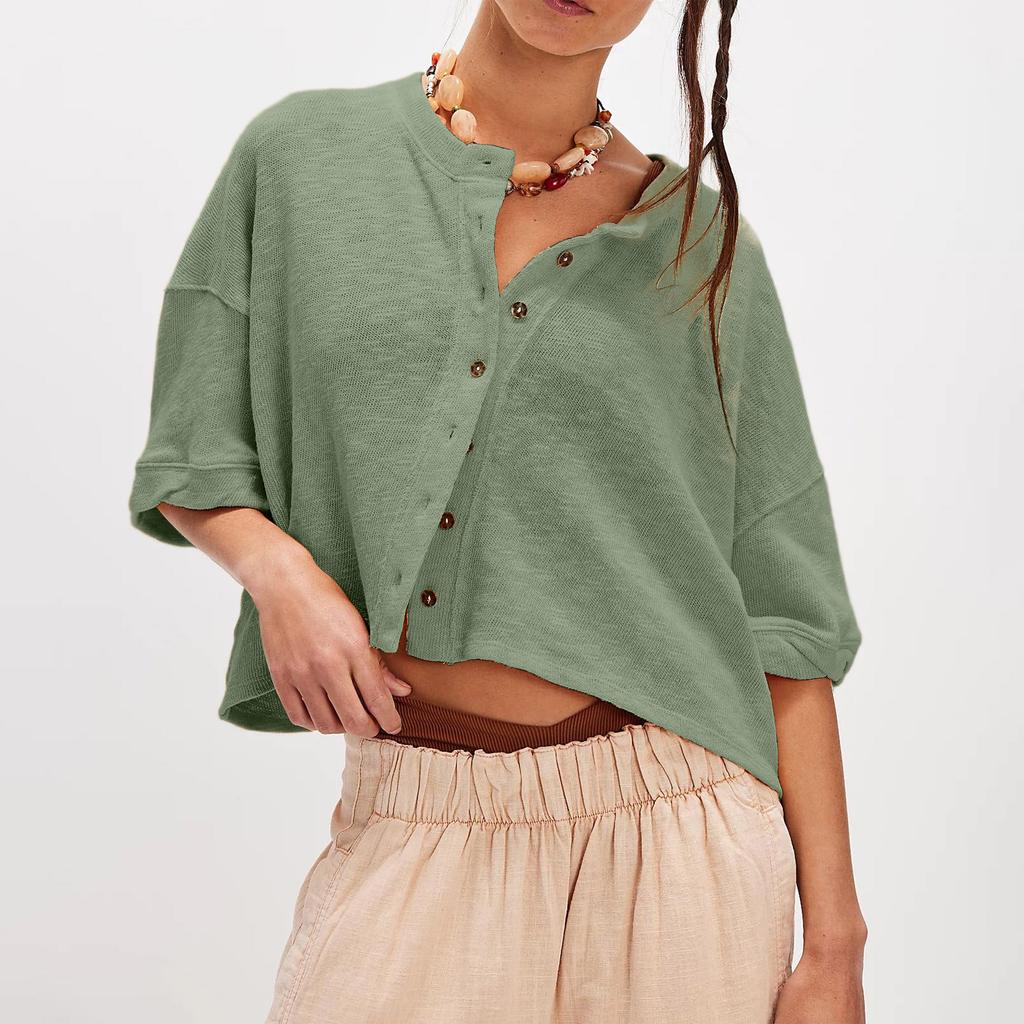 Linen Button Front Knit Cardigan with Short Sleeves, Color