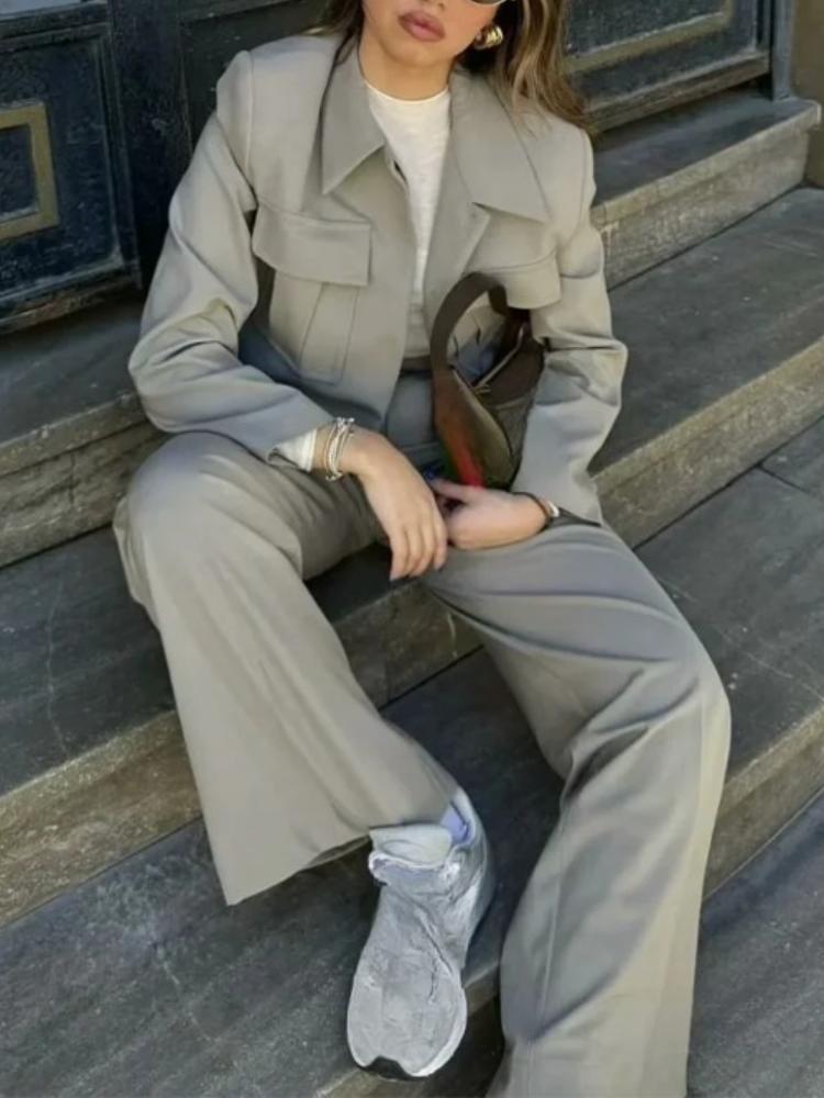 Primăvară, vară, ocazional, costume solide pentru femei, îmbrăcăminte de stradă, buzunare, guler răsturnat, jachete scurte + pantaloni șic cu picioare largi