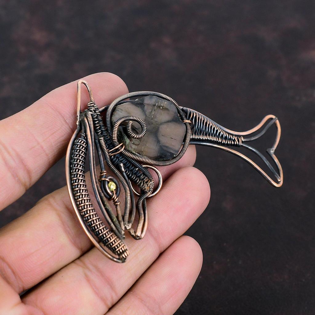 Chiastolite Pendant Copper Wire Wrapped Pendant Fish Design Pendant Handmade Copper Jewelry Gemstone Pendant Wire Wrapping Jewelry For Gift