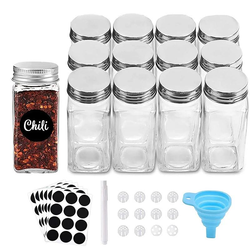 Square 120ml Spice Jar Set: Glass Bottles with Acacia Wood Lids for Salt, Cumin, Chili. 24 Pack.