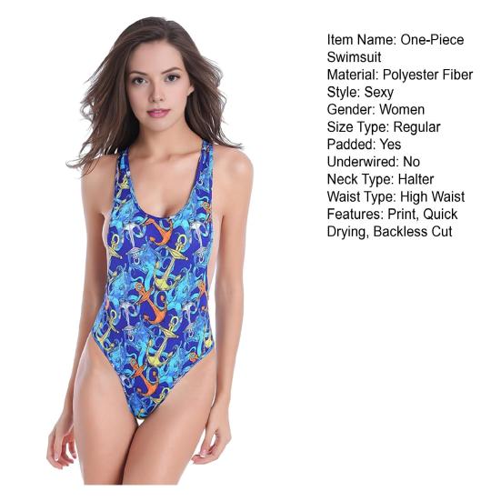 Summer One-Piece Swimsuit Printing High Waist Tummy Control Backless Bathing Suit Quick-Drying Monokini