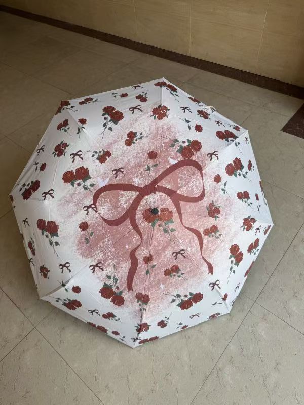 Women, UV protection for sun shading, dual use for sun and rain,  3 folding umbrellas Bow, flower patterned umbrella