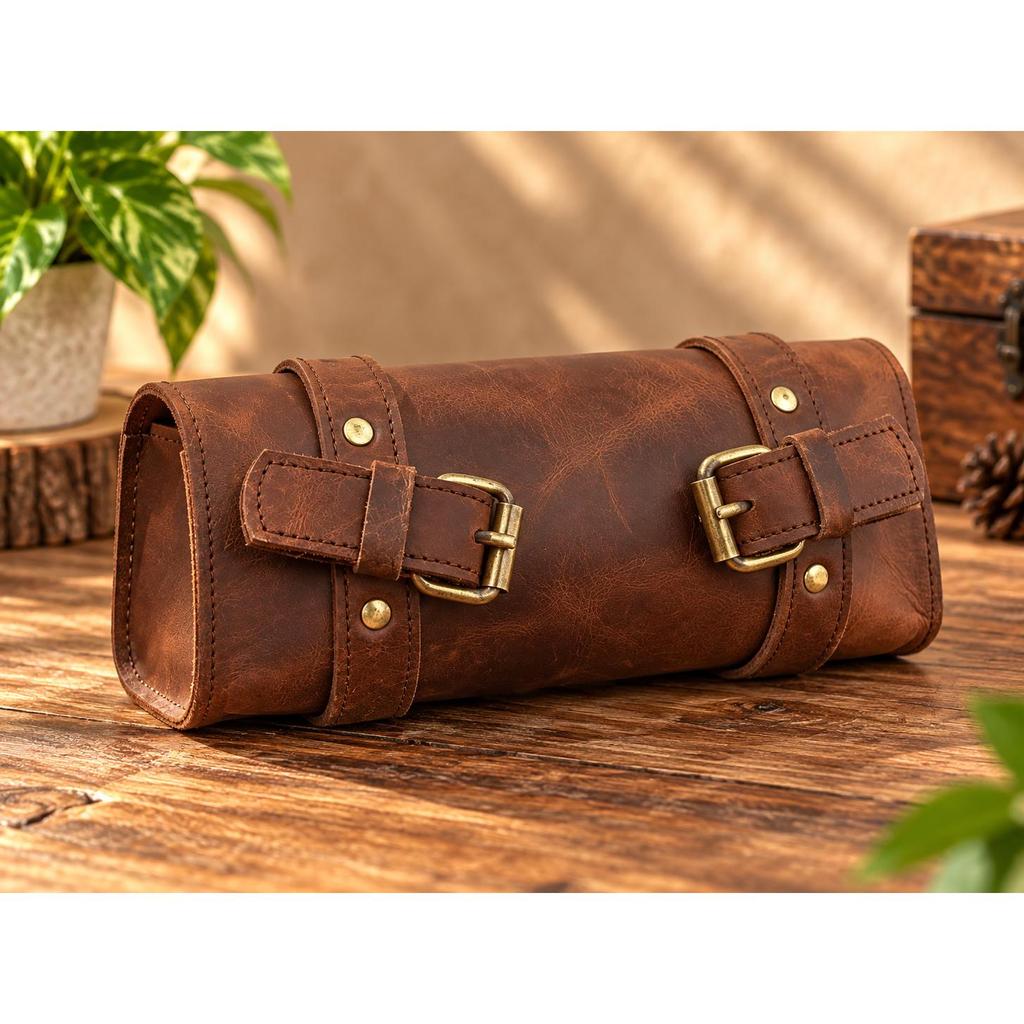 Leather Bag Motorcycle Pouch Brown Saddle Buffalo Leather Bag Bike Small Tool Bag Front Fork Handlebar Leather Saddlebag Pouch