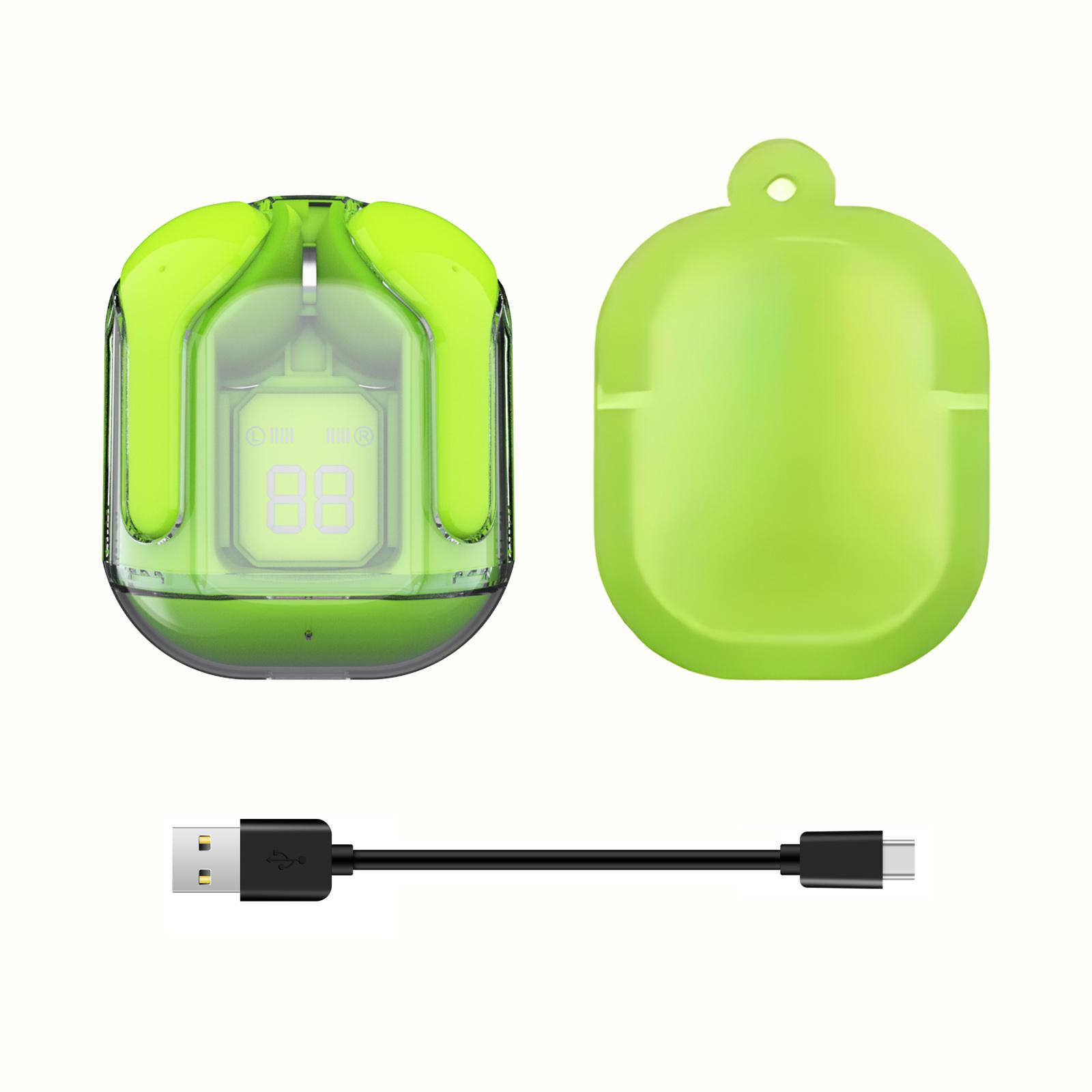 

Bluetooth 5.3 Прозорі силіконові вкладиші TWS, гарнітура для спортивних ігор HIFI стерео світлодіодний цифровий дисплей Подарунки на день народження/Різдво/хлопчика/подругу зелений