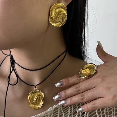 European and American Fashion Simple Design Retro Geometric Alloy Earrings, Personalized Spiral Texture Ring Necklace