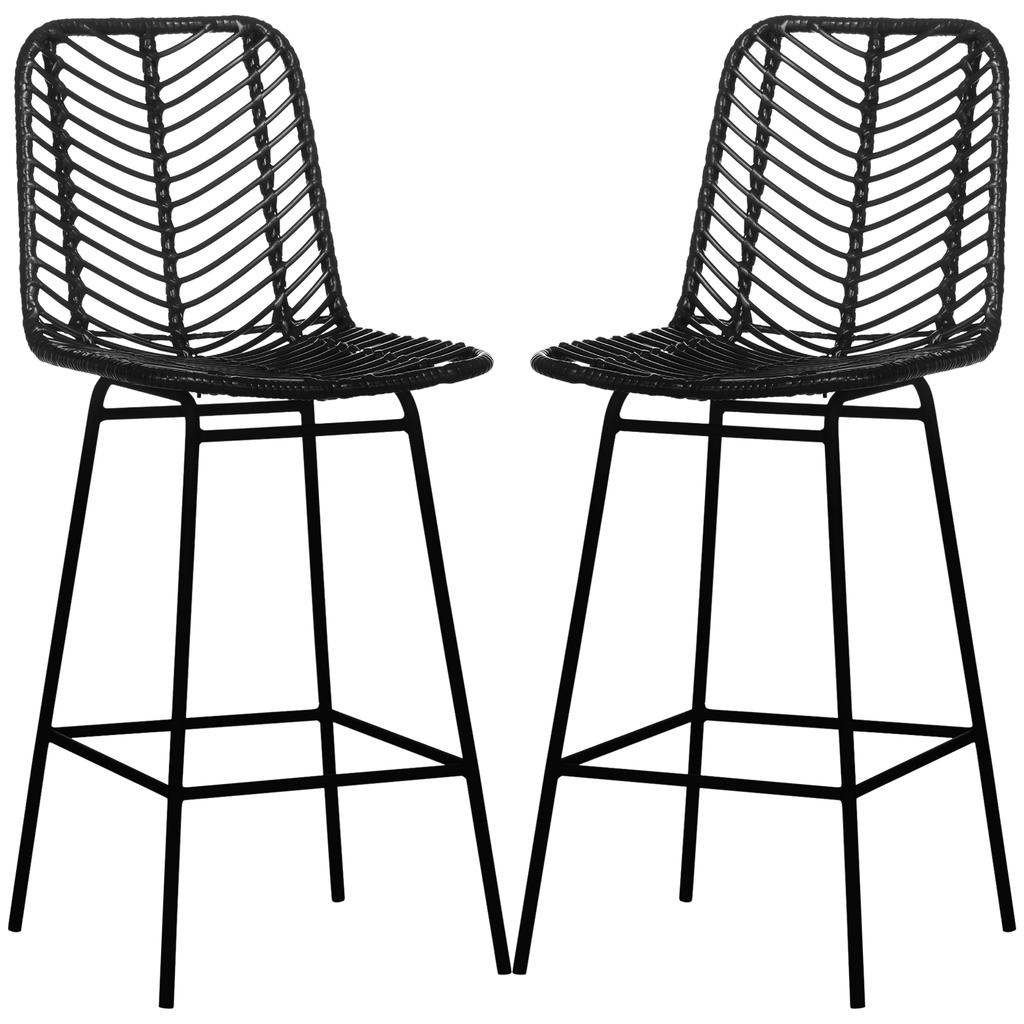 Set of 2 Bohemian Design Bar Stools Seat Height 66 cm with Footrests Metal and PE Rattan - Black