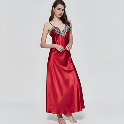 Women's Satin Lace Nightgown Spaghetti Strap Sleeveless Slip Dress Soft V Neck Maxi Sleepwear Silky Chemise Nightdress