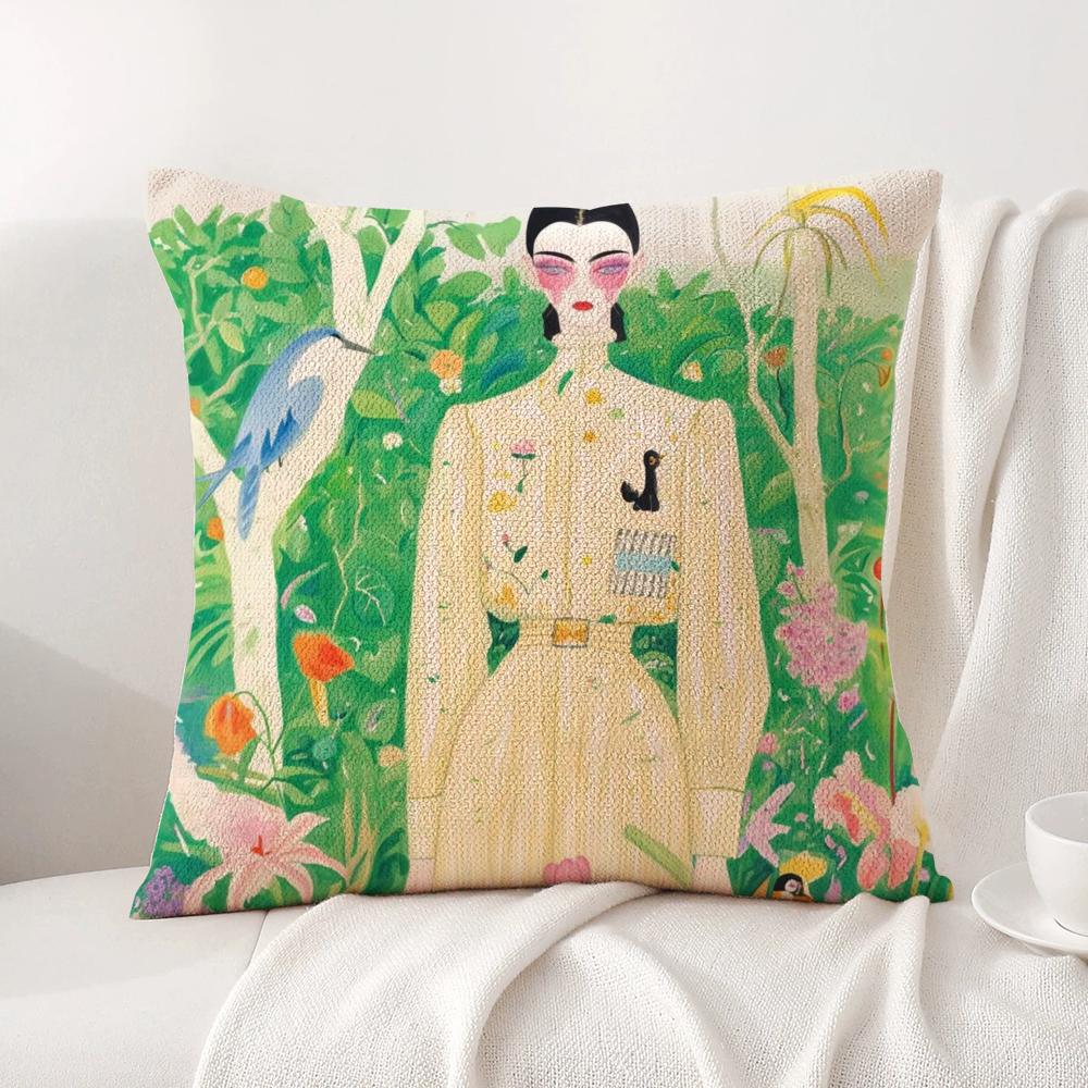 Fashion Illustration Cushion Cover Natural Linen Organic Fabric DoubleSided Printing Sofa Home Decor Breathable Bed Pillow