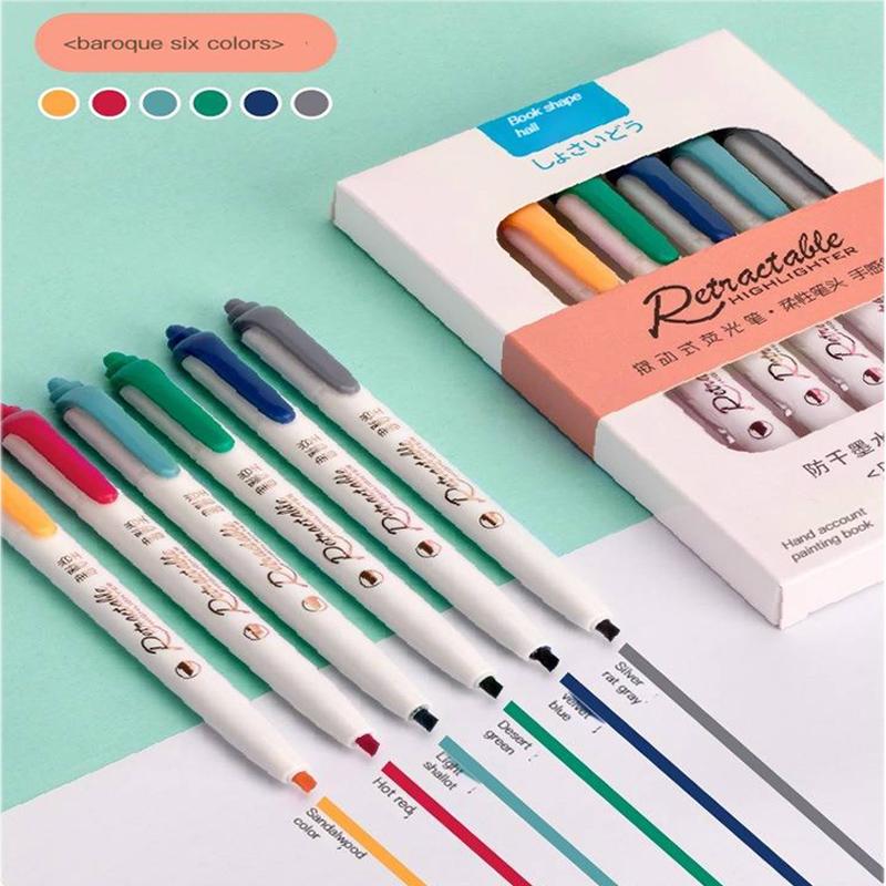 6 Colors Push Button Highlighter Pen Multicolor Kawaii Highlighter Anti-Dry Ink Student Stationery Coloring Hand Account