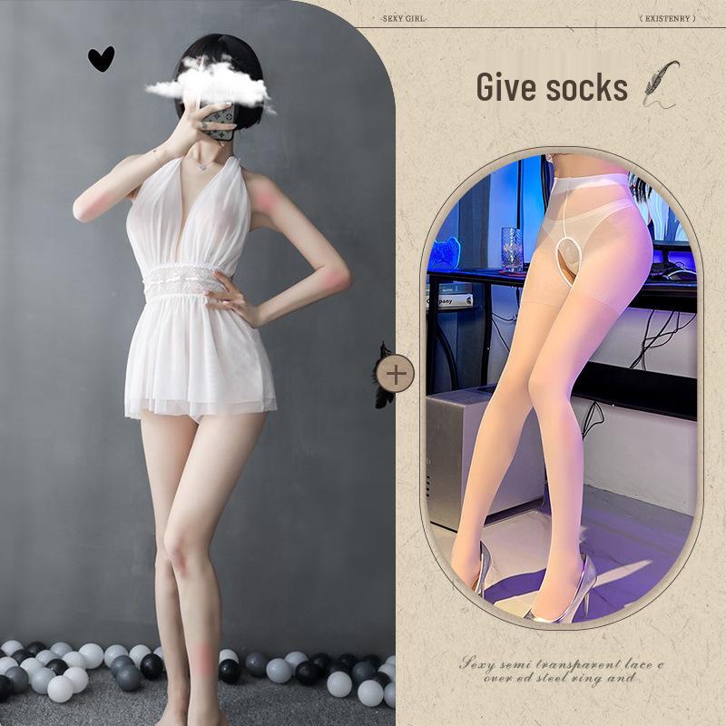 European-American Deep V Backless Mesh Halter Nightdress